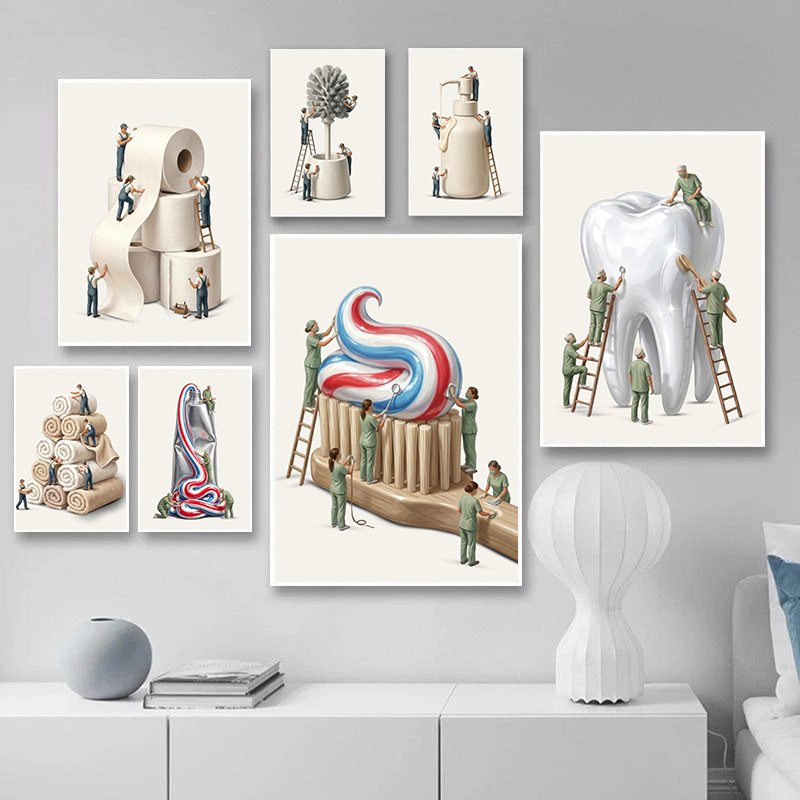 Spa Wellness Images - Minimalistisches Badezimmer-Fun-Poster: Zahnarzt, Zahnpasta, Toilettenpapier, Seife,